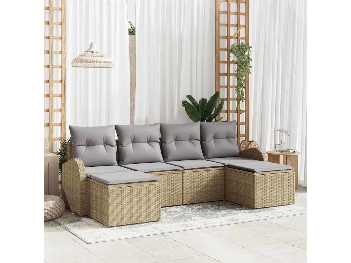 Vidaxl Conjunto de Sofás com Almofada 6 Pcs Bege e Cinza Claro Vime Pe