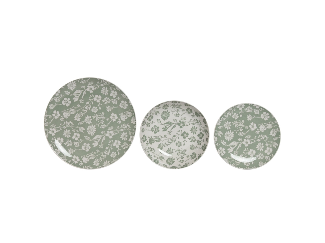 Conjunto de 18 Peças de Louça de Porcelana Verde com Estampa Floral, Medindo 27x27x2cm. ALEXANDRA HOUSE LIVING