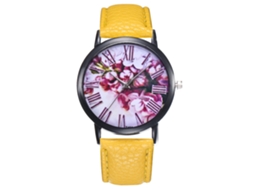Relógio de Pulso Feminino com Pulseira de Couro Pu Ultradelgado Relógio de Quartzo Amarelo
