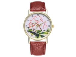 Reloj De Pulsera De Cuero Con Patrón De Plantas Moda Cuarzo Para Hombre Y Mujer Café