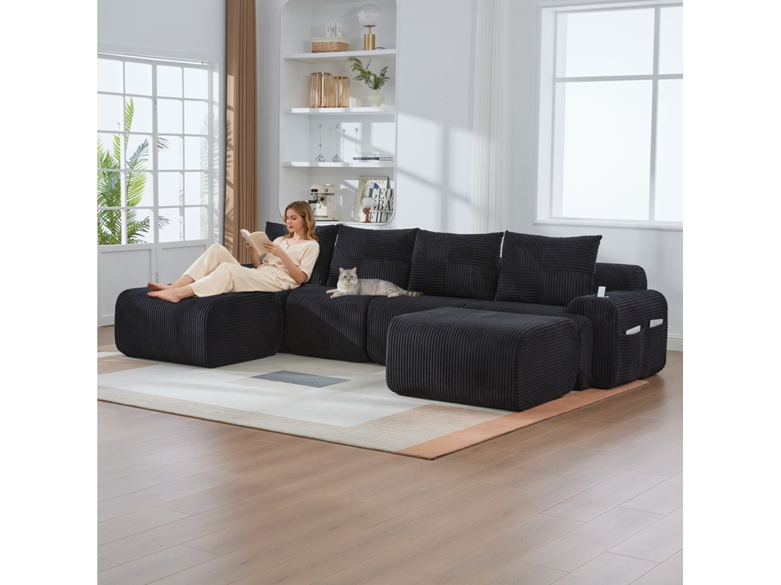 Sofá Modular De Veludo Cotelê Para 4 Lugares Com 2 Puffs, Combinável, Porta-copos, Bolsos Laterais, Cor Preta.