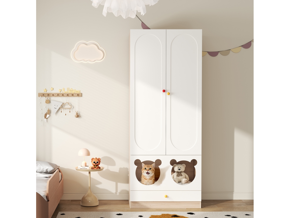 Guarda-roupa Infantil C/ Cabideiro, Cama Gato, Painéis Laqueados + Mdp, Puxadores Cerâmicos Coloridos, Branco + Madeira Natural, 80x50x200cm, Quarto
