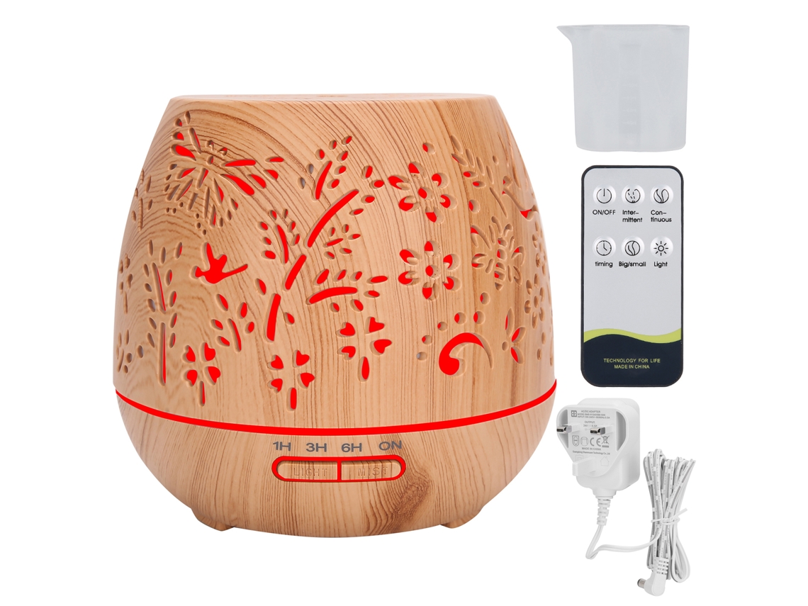 Humidificador Difusor De Aromas De 400ml Com Textura De Madeira E Controle Remoto