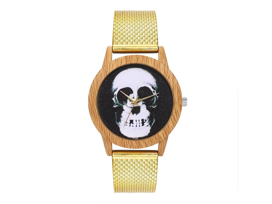 Relógio de Quartzo com Pulseira de Silicone Malha Padrão Esqueleto Humano para Meninos e Meninas (ouro)