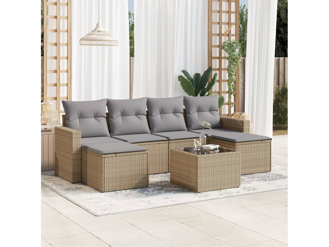 Vidaxl 7 Pcs Conjunto De Sofás P/ Jardim Com Almofadões Vime Pe Bege