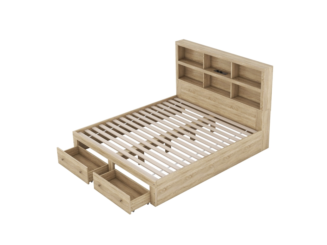 Cama de casal 160x200cm, plataforma com cabeceira e gavetas, 2 gavetas, 6 prateleiras, USB, design moderno, natural, KOMHTOM