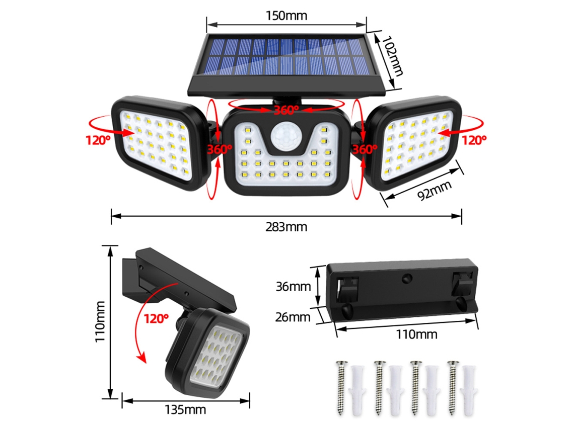 Rebe-lâmpada Solar De Parede 3 Cabeças Rotáveis Com Sensor De Movimento Impermeável Para Exterior Jardim 74l-ed 100cob