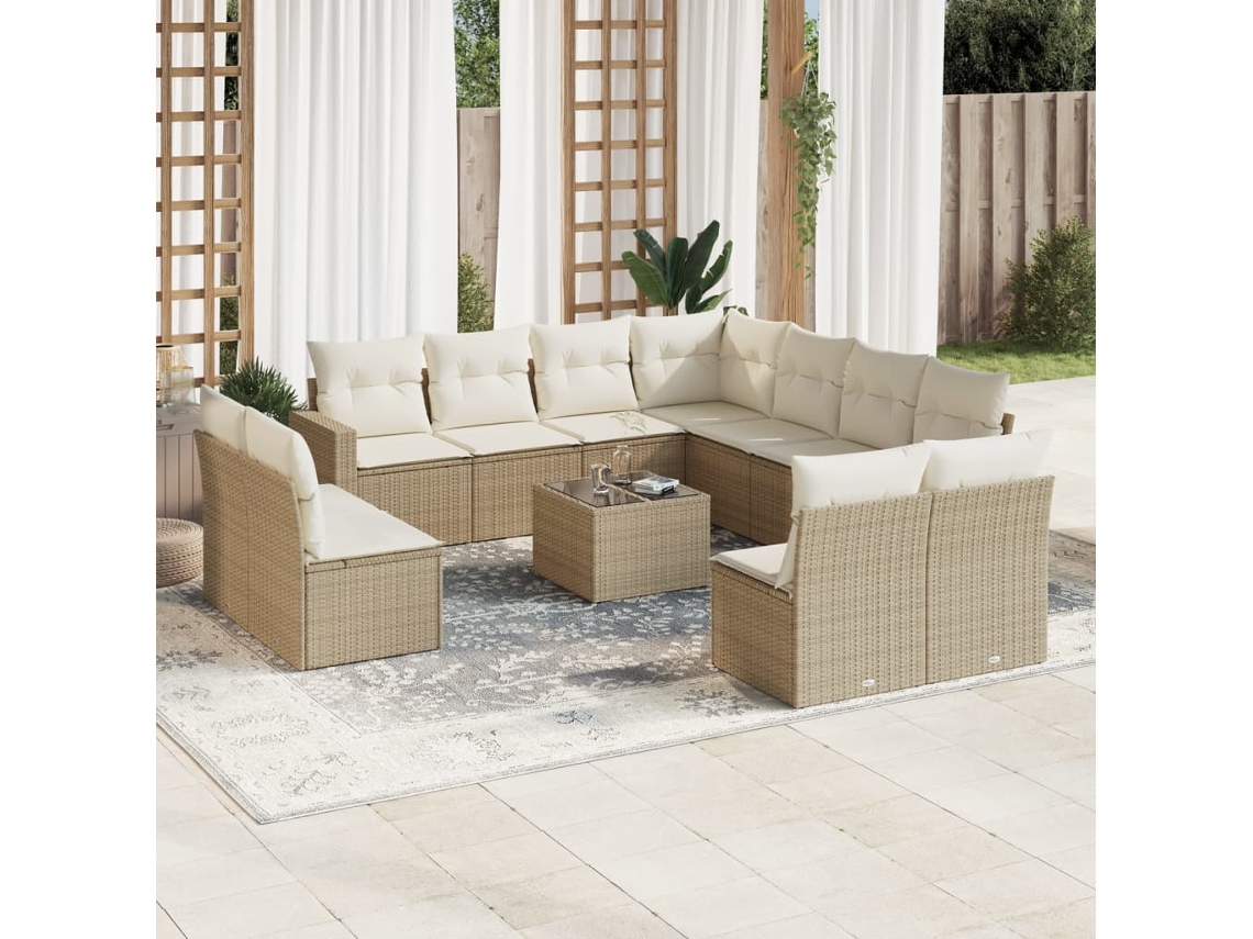 Vidaxl 12 Pcs Conjunto De Sofás P/ Jardim Com Almofadões Vime Pe Bege