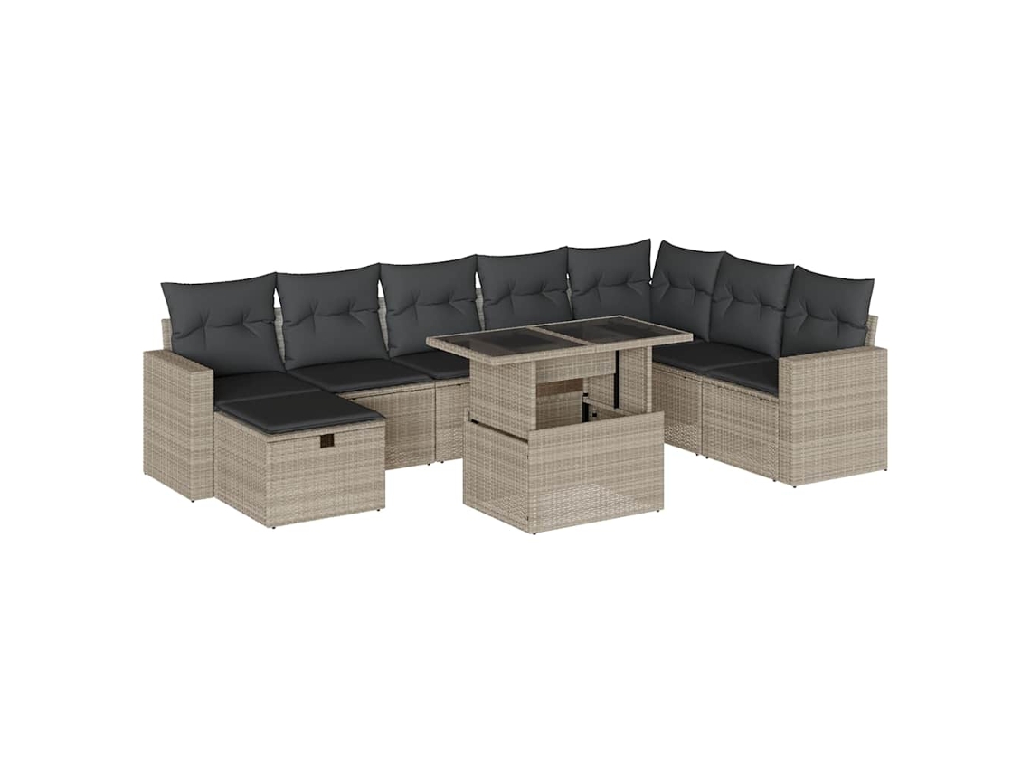 Conjunto 9 sofás jardim com almofadões VIDAXL vime PE cinzento-claro