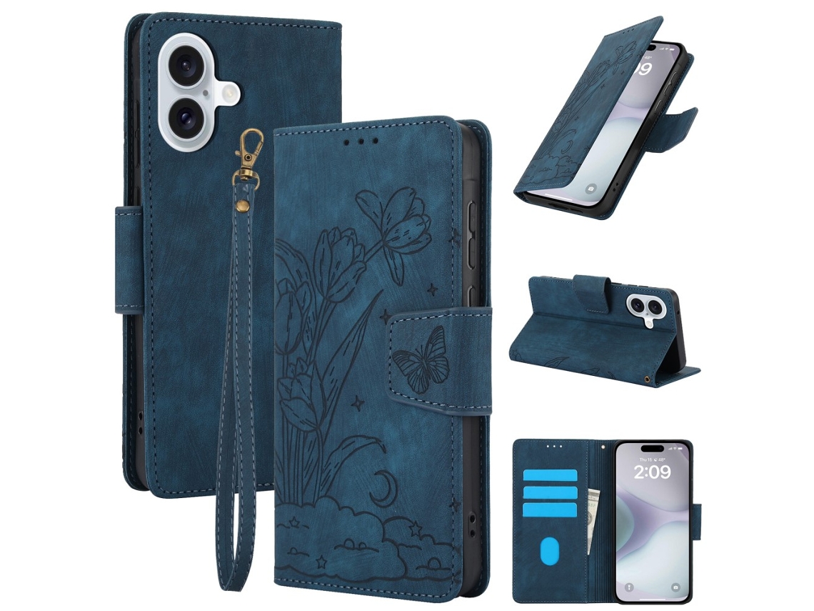 Capa Em Couro Pu Com Pega Para Apple Iphone 16 Plus Azul