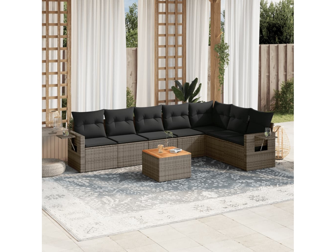 Vidaxl 8 Pcs Conjunto Sofás De Jardim C/ Almofadões Vime Pe Cinzento