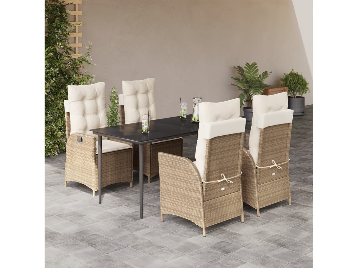 Vidaxl 5 Pcs Conjunto De Jantar P/ Jardim Com Almofadões Vime Pe Bege