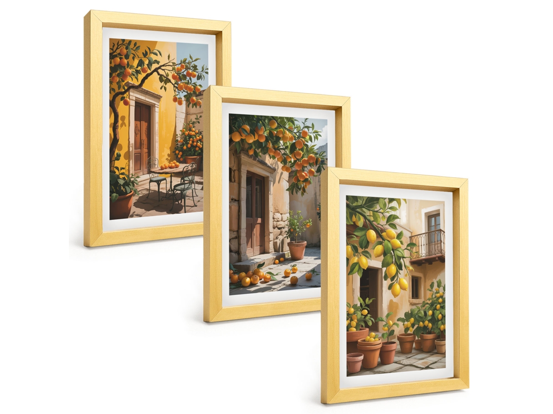 Um Conjunto De Imagens Decorativas Em Uma Moldurapátio Com Frutas Cítricas, Plantas Moldura Dourada Pinturas De Quarto Espelharte (3 Peças 20x30 Cm)