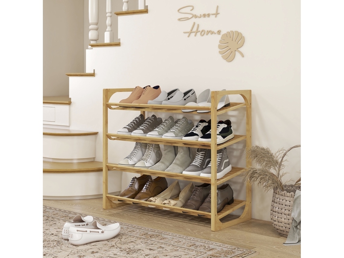Prateleira Para Sapatos Em Bambu, Altura Entre Prateleiras 15,5 Cm, Design De Ripas Ventilado, 76 X 33 X 67 Cm, Efeito Madeira Natural