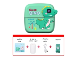 Câmera Instantânea Infantil de Presente A28 com Estampa de Dinossauro Verde + 1 Rolo de Papel para Impressora. YUNZII