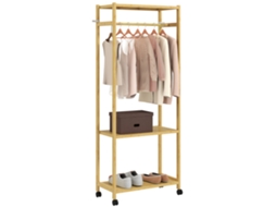 Cabideiro com Rodas em Bambu 70x35x175cm com 2 Prateleiras, Vara Pendurada, Madeira Natural | S/MARCA
