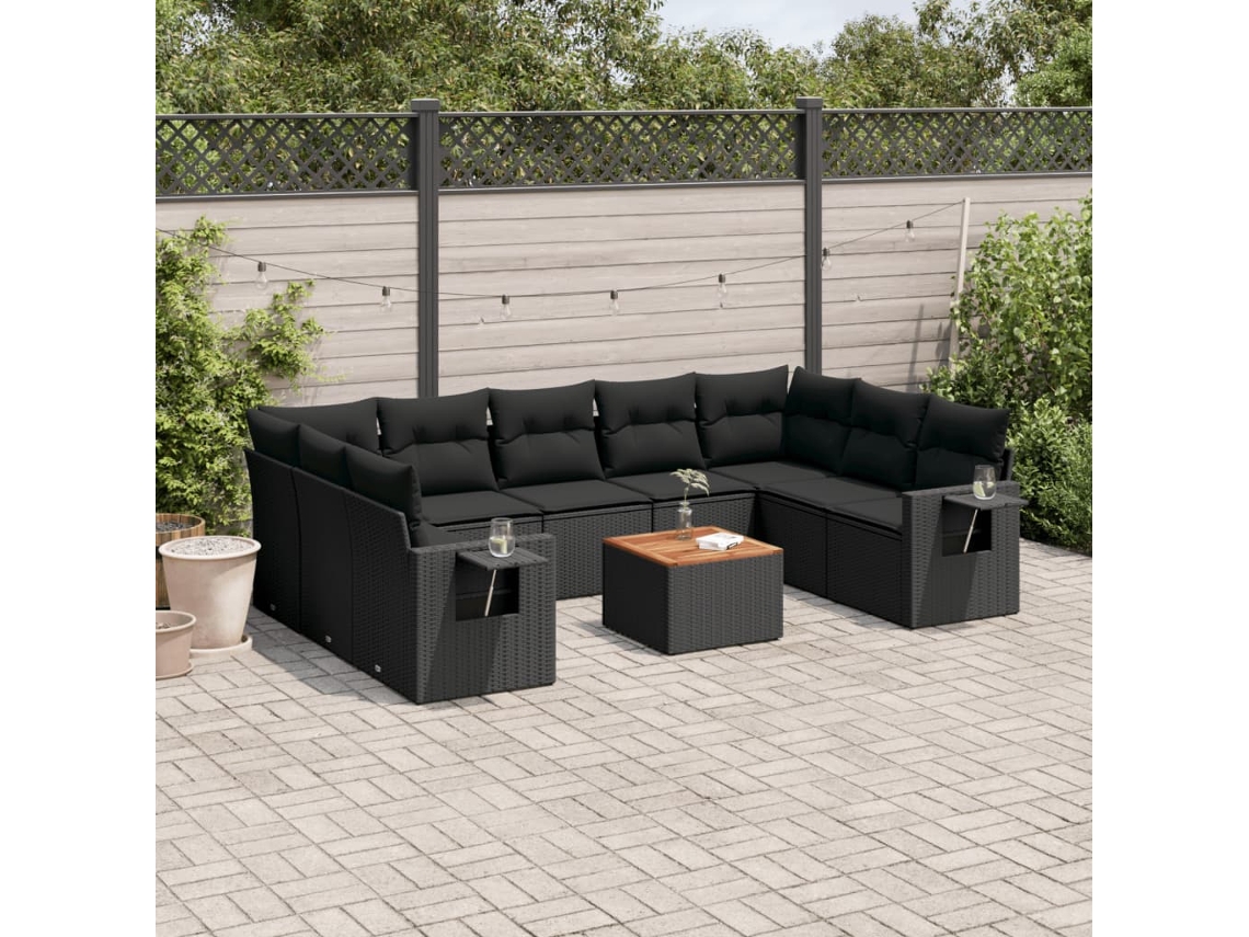 Vidaxl 10 Pcs Conjunto Sofás De Jardim C/ Almofadões Vime Pe Preto