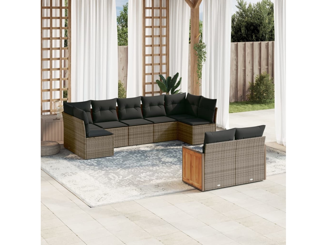 Vidaxl 9 Pcs Conjunto Sofás P/ Jardim Com Almofadões Vime Pe Cinzento