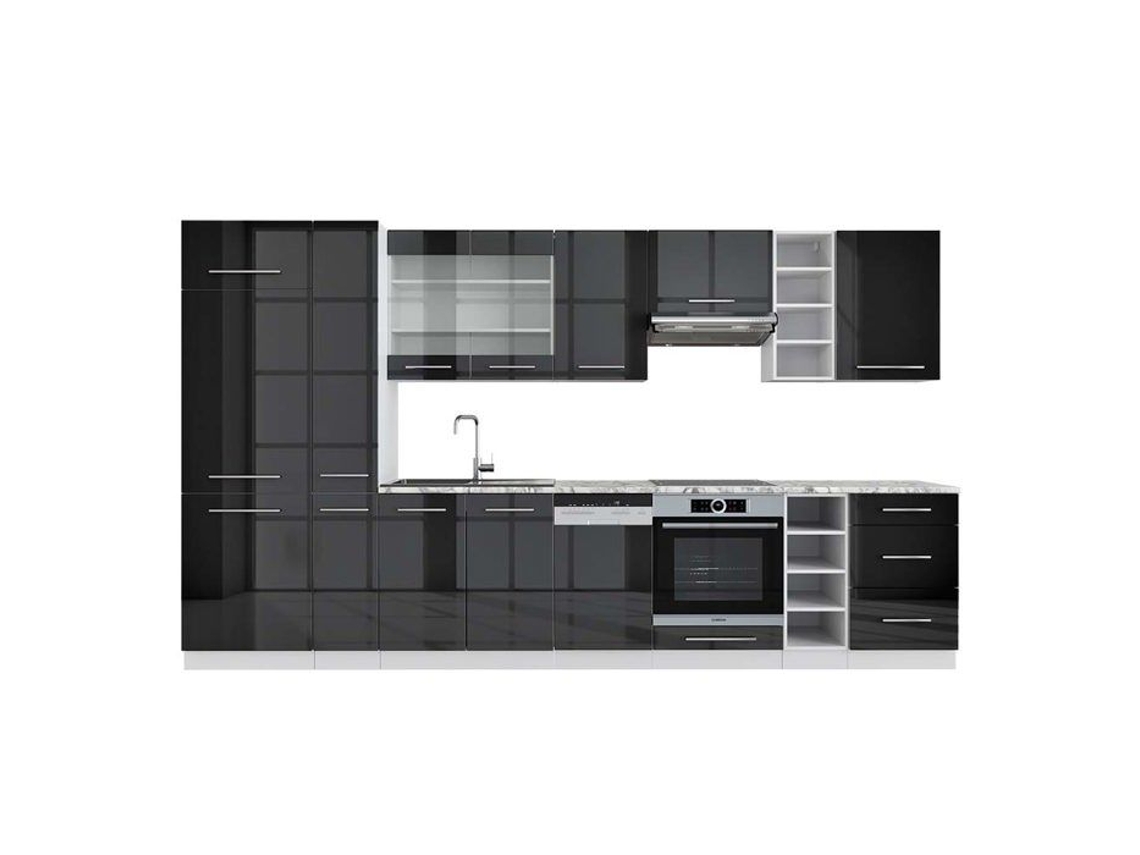 Cozinha Fame-Line, 355 cm, Mármore PT, Antracite brilhante/branco VICCO