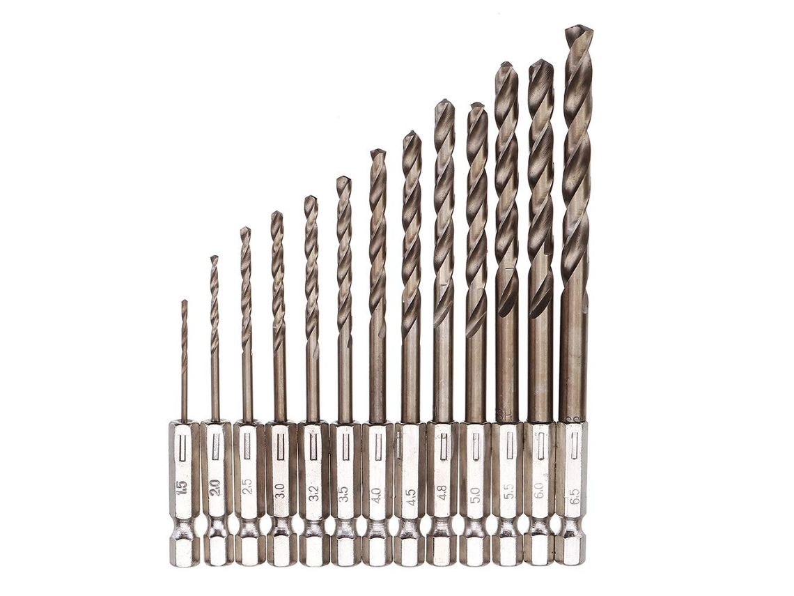 Conjunto de 13 brocas helicoidais cobalto M35 1,5 a 6,5 mm com haste hexagonal 1/4 polegada. aço rápido | S/MARCA
