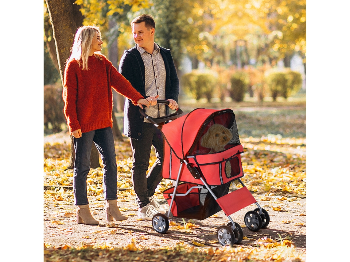 Foldable Dog Stroller With Cup Holder Sun Canopy Red