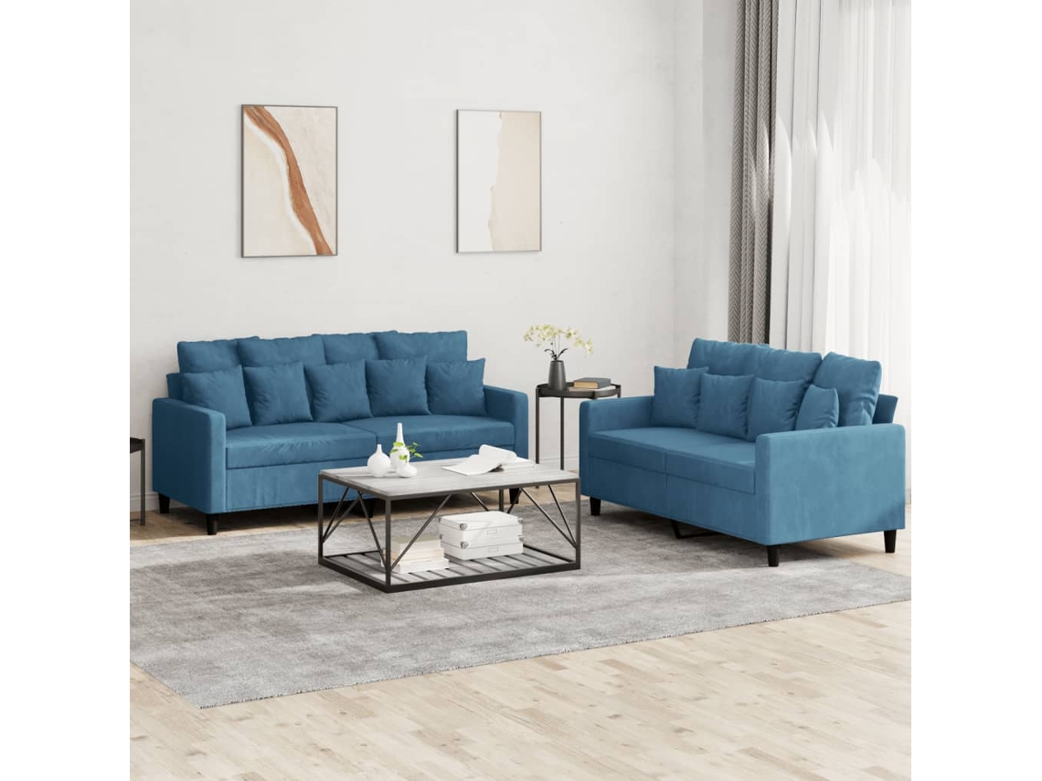 Vidaxl 2 Pcs Conjunto De Sofás Com Almofadões Veludo Azul