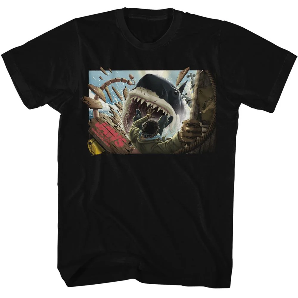 Rockinstone Jaws Movie Man Falling In Shark Mouth Black Adult T-shirt Size:xxxl