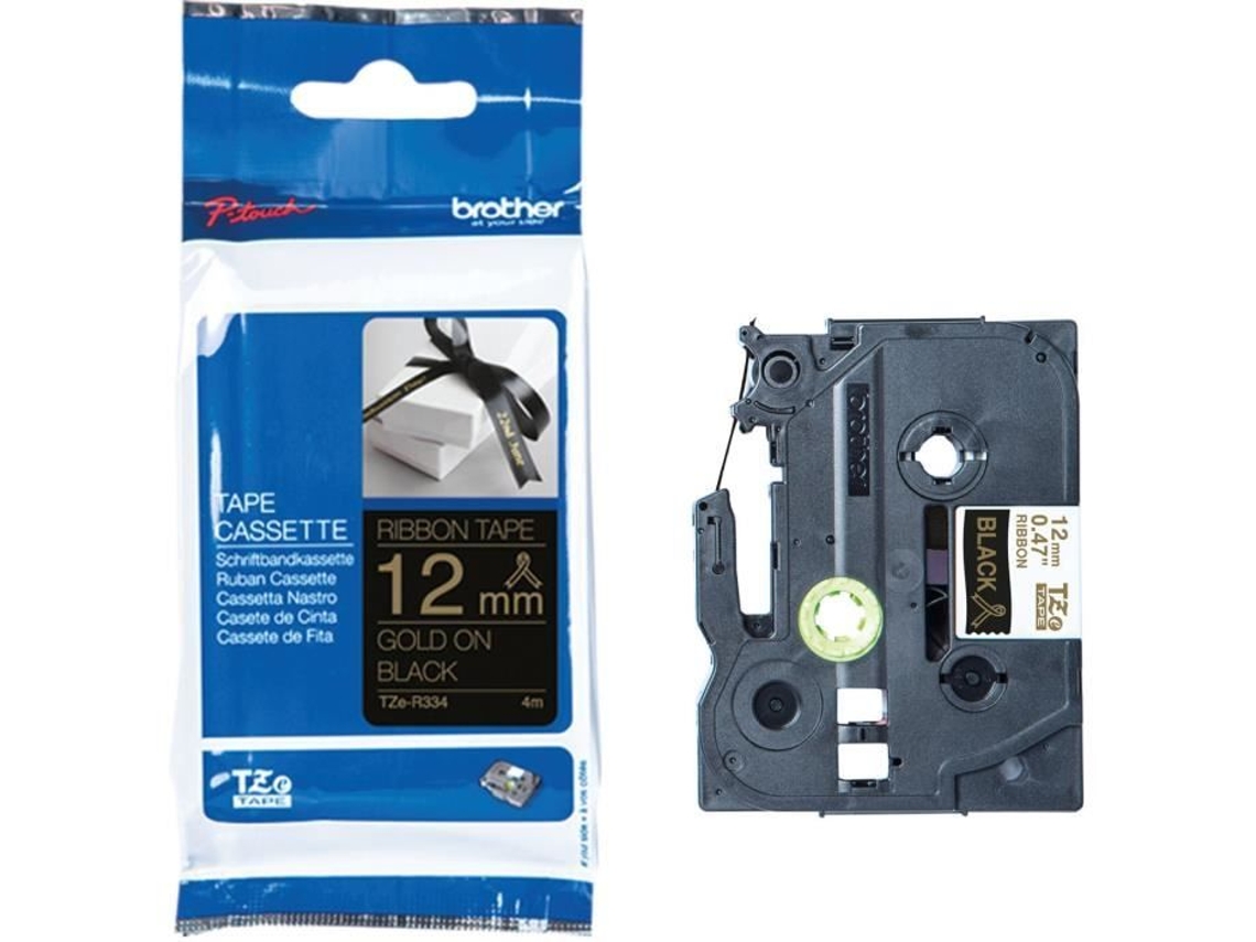 Fita Brother - Tzer334 - 12mm Dourada Sobre Preta - Fita Para Transferência Térmica, Fita Adesiva Brother Tzer334, 12 Mm, Dourada Sobre Preto,