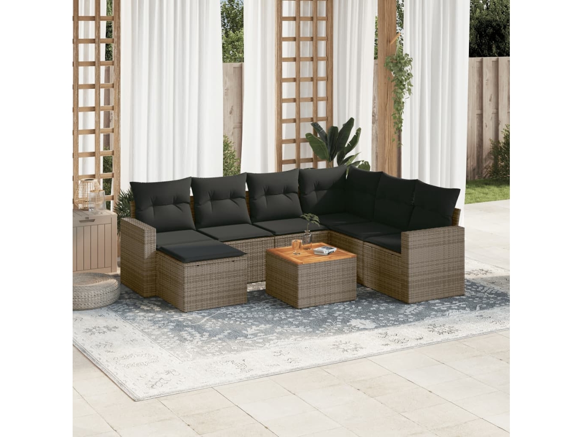 Vidaxl 8 Pcs Conjunto Sofás De Jardim C/ Almofadões Vime Pe Cinzento