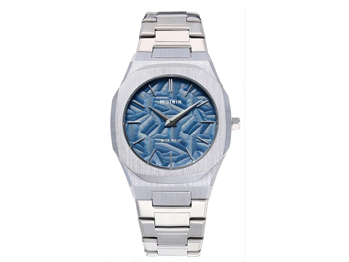 Relógio de Quartzo Masculino com Folhas em Relevo. MDUG (azul Claro)