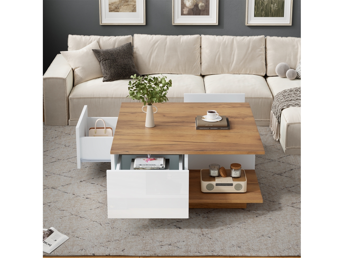 Mesa Centro 70x70x31.5 3 Gavetas Geométrica Brilho Madeira Sala Moderna