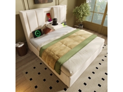 Cama Estofada 90x200cm com Portas Usb e Tipo C, Porta copos Integrado, Baú Hidráulico, Estrado, Bege KOMHTOM