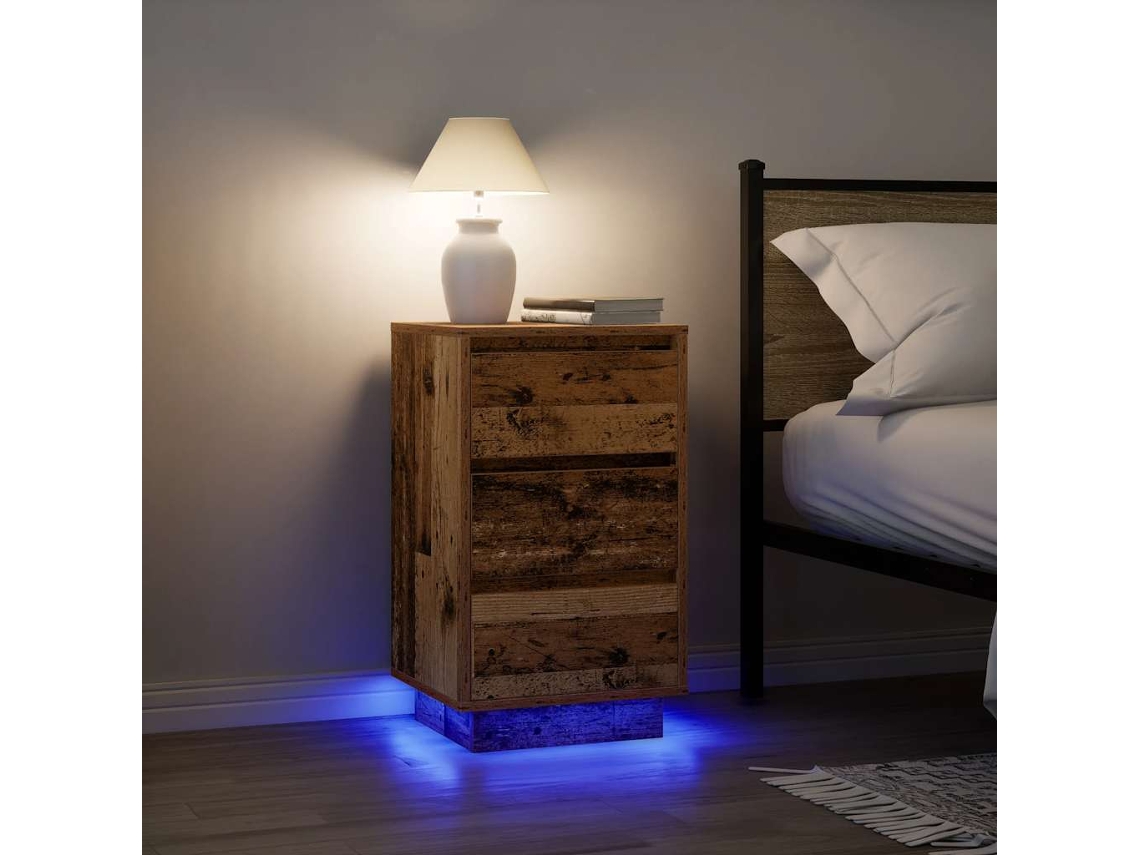 Vidaxl Mesa De Cabeceira Com Luzes Led 38x34x65 Cm Madeira Velha