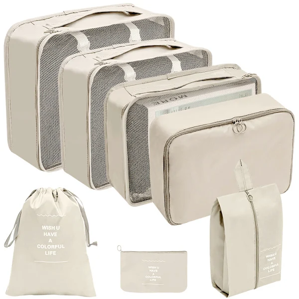 Organizador de Mala, Conjunto de 7 Cubos e Sacos, Bege BRILVIBERA