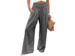 Calça casual feminina Rebe de cintura alta, pernas largas e elásticas, com bolsos, tamanho G, cinza.