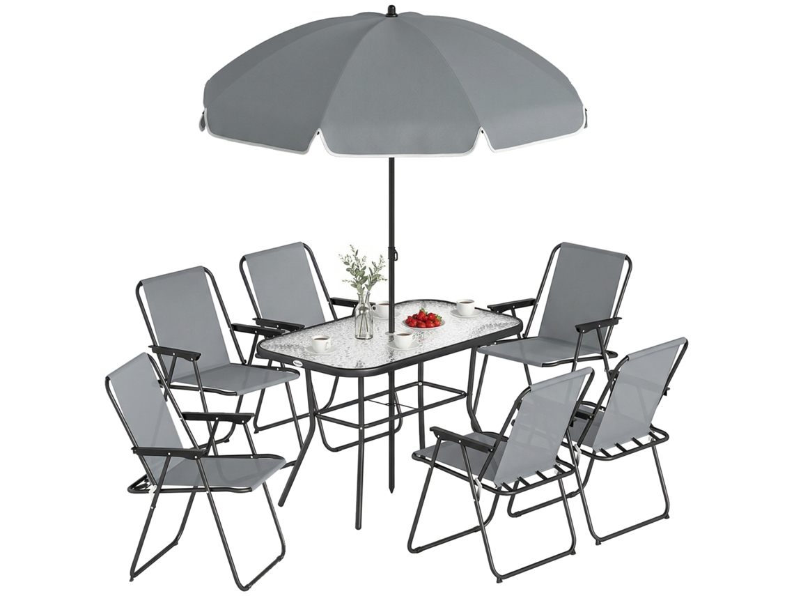 Conjunto Mesa E Cadeiras Jardim 8 Peças Com Guarda-sol, 6 Cadeiras Dobráveis E Mesa De Vidro Temperado, Cinza