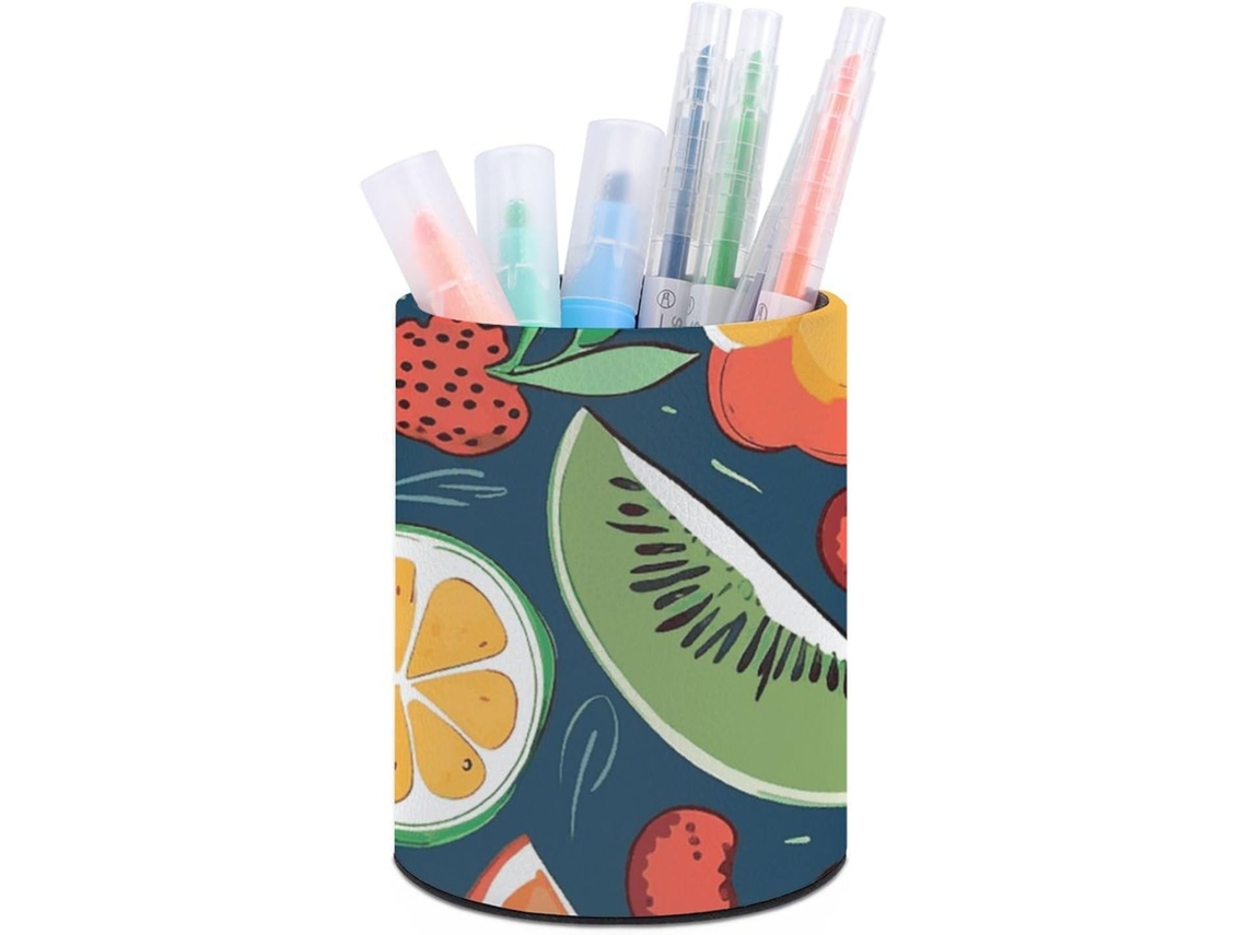 Porta-canetas de couro para computador, organizador redondo para computador com estampa de frutas, porta-pinceis para computador