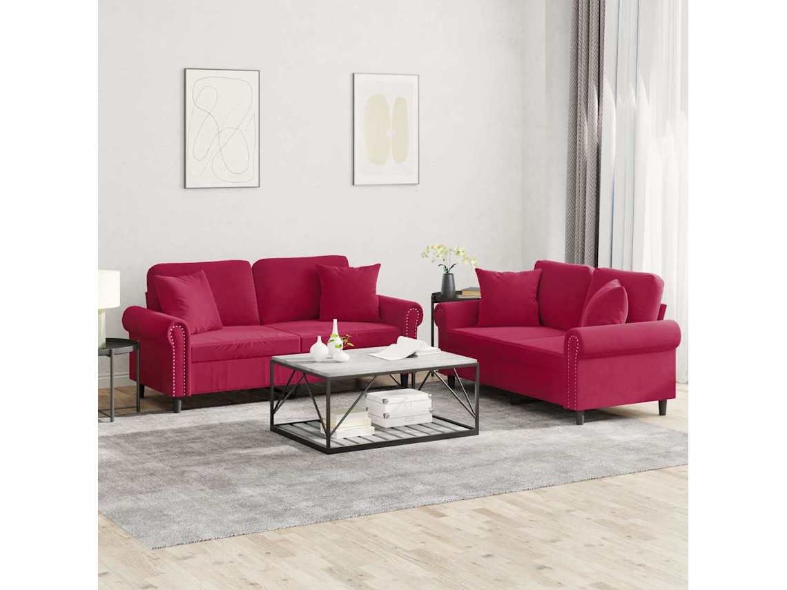 Vidaxl 2 Pcs Conjunto De Sofás Com Almofadas Veludo Vermelho-tinto