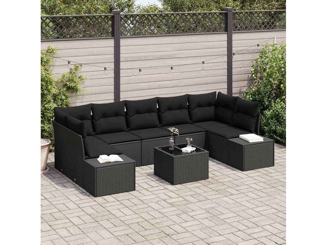 Vidaxl Conjunto de Sofá de Jardim com Almofada 8 Pcs Preto Vime Pe