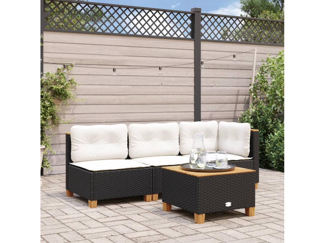 Vidaxl Sofá De Canto P/ Jardim C/ Almofadões Vime Pe Preto