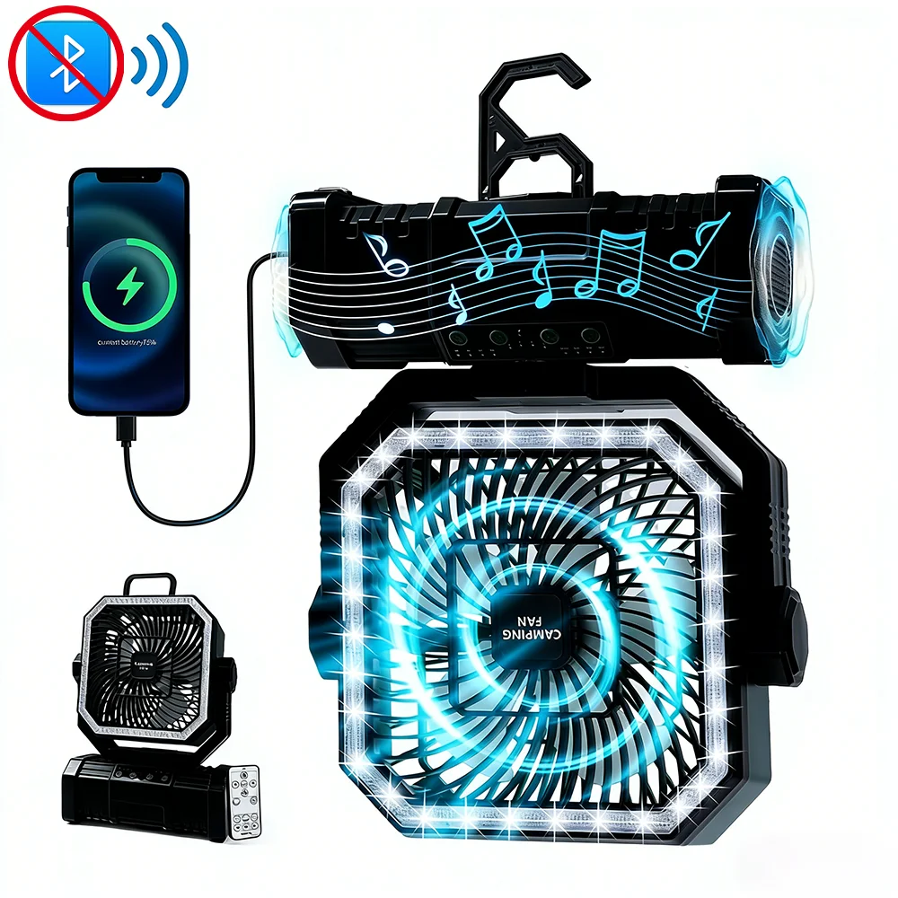 (preto) Ventilador portátil para uso externo, recarregável via USB, com 4 velocidades de vento, ideal para acampamento ao ar livre, com gancho.
