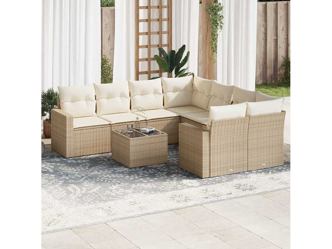 Vidaxl 9 Pcs Conjunto De Sofás P/ Jardim Com Almofadões Vime Pe Bege