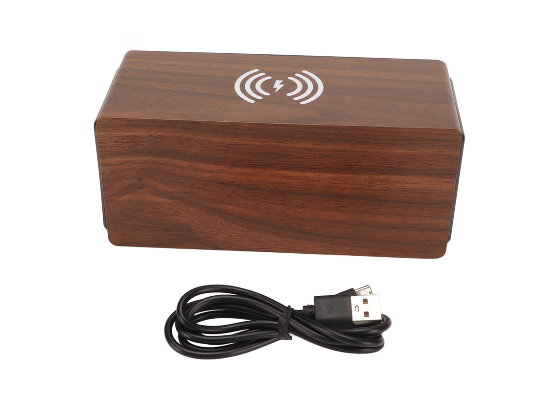 Relógio digital de madeira com LED, alto-falante Bluetooth e carregamento sem fio para quarto.