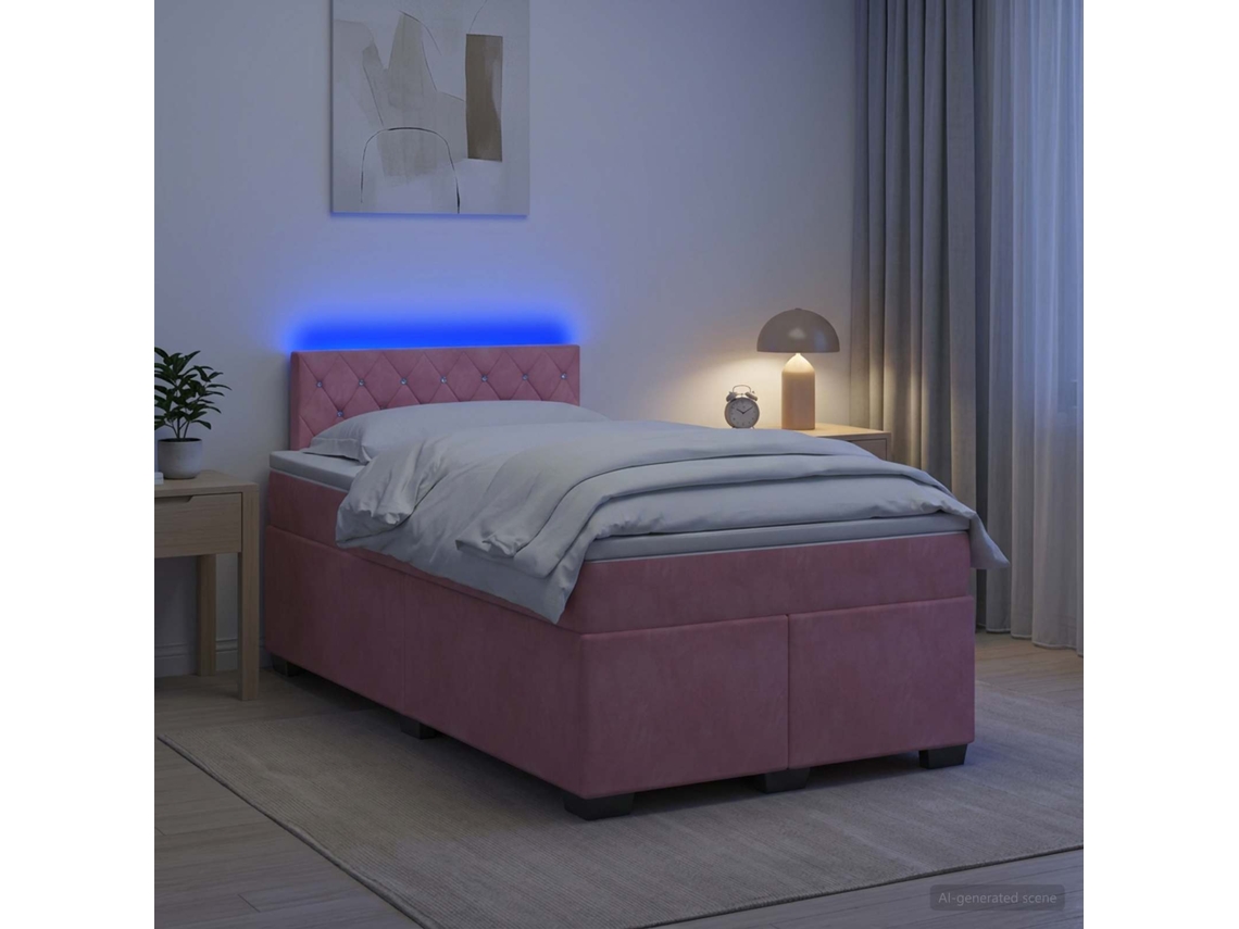 Vidaxl Cama Box Spring Com Colchão E Led Rosa 120 X 200 Cm Veludo