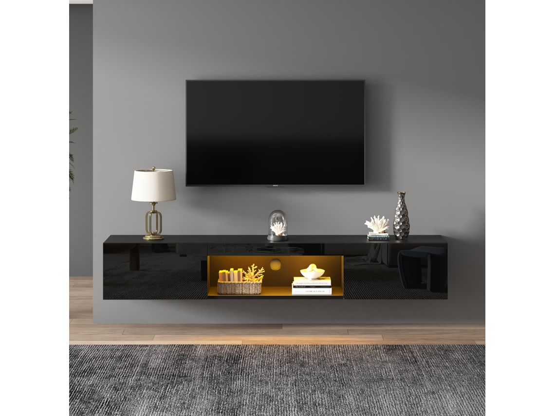 Pilar De Televisor De Parede Alto Brilho 160x31x22cm Com Iluminacao-led, Tvs Até 70 Polegadas, Carga 35kg, Negro