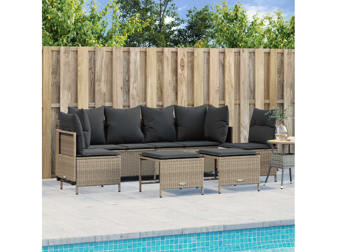 Vidaxl 5 Pcs Conj. Sofás Jardim C/ Almofadões Vime Pe Cinzento-claro