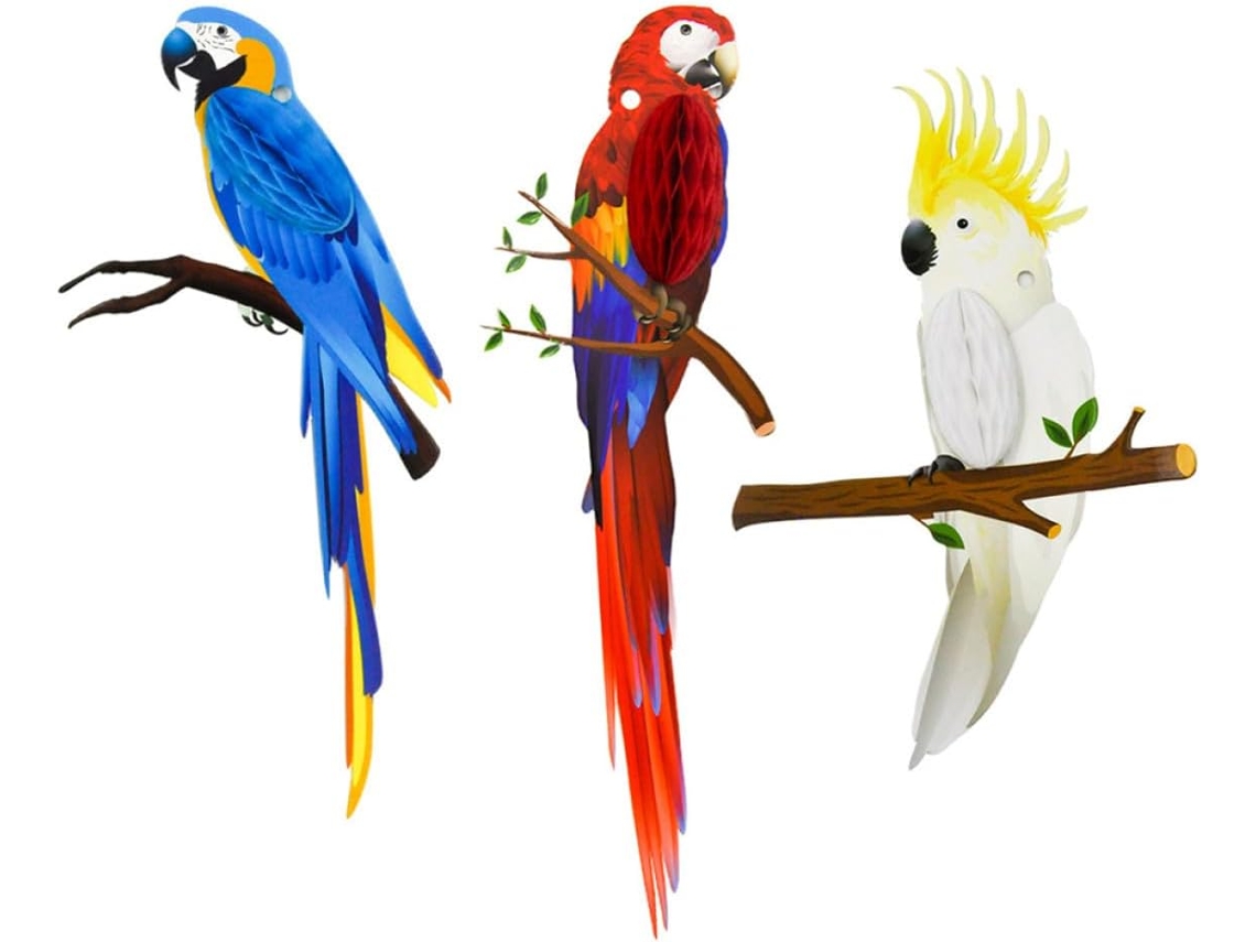 Decorações Papel Formato Papagaios Tropicais 3 Peças Festa Havaiana Proteção Prova Cores Vibrantes Efeito GOKOCO
