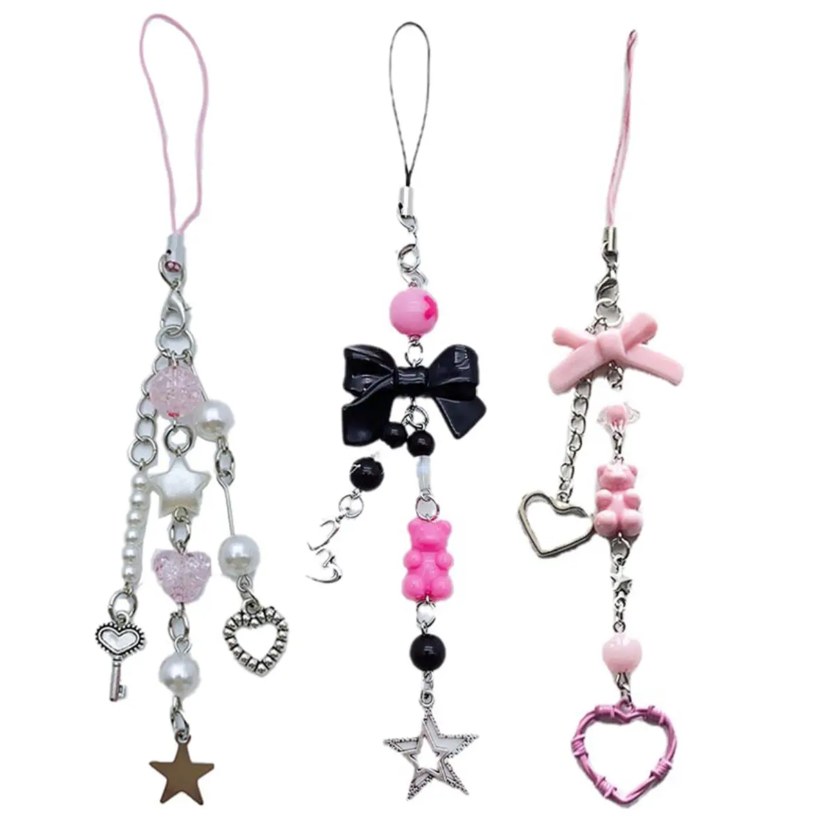Corrente Para Celular Com Pingente - Rncyn - Morango Rosa, Borboleta E Estrela - 3x Urso, Estrela E Coração - Plástico