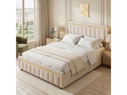 Cama Estofada 140x200 Cm, Cama de Casal com Base Elevatória Hidráulica, Estrutura de Cama em Veludo com Costuras e Detalhes Dourados, Bege RESETIZE