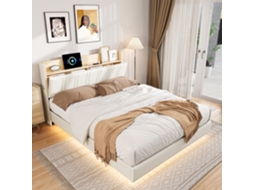 Cama Estofada Branca em Pu 140x200 Cm, Modelo Flutuante com Iluminação Led e Espaço de Armazenamento, Estrutura Pensada para Adultos BURSDANY
